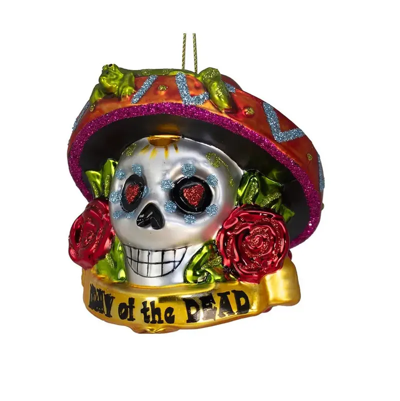 3.5-Inch Day Of The Dead Skull Ornament With Gecko Detail – Glass Finish 1