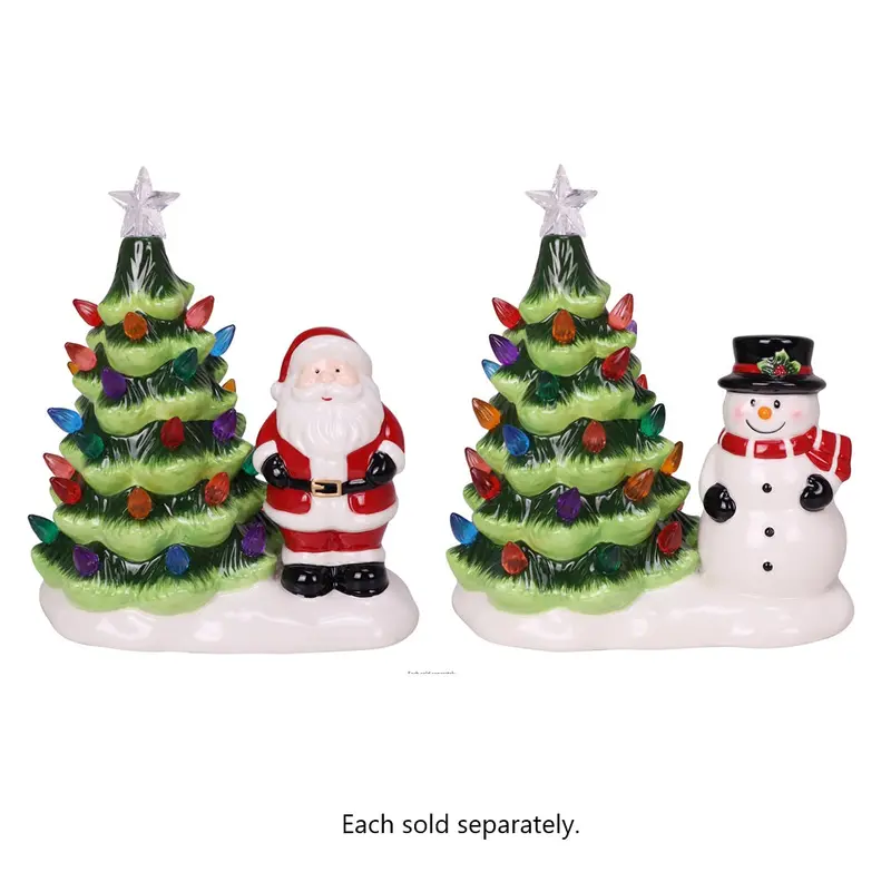8-Inch Lighted Ceramic Christmas Tree – Snowman Or Santa Design 1