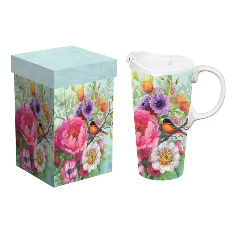 Bird Blossom Ceramic Travel Tumbler – 17 Oz Botanical-Themed On-The-Go Cup With Gift Box 1
