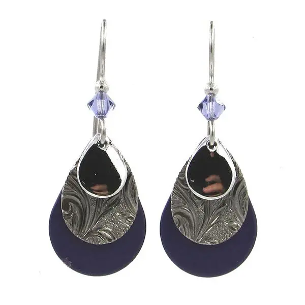 Black Teardrop Earrings With Purple Bead And Silver Filigree Detail 1