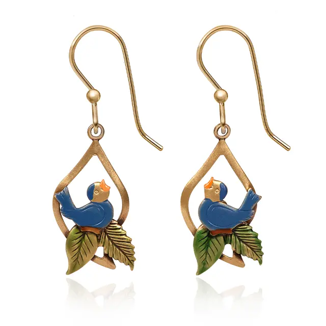 Blue Bird Perched On Green Leaves Earrings In Open Tree Silhouette 1