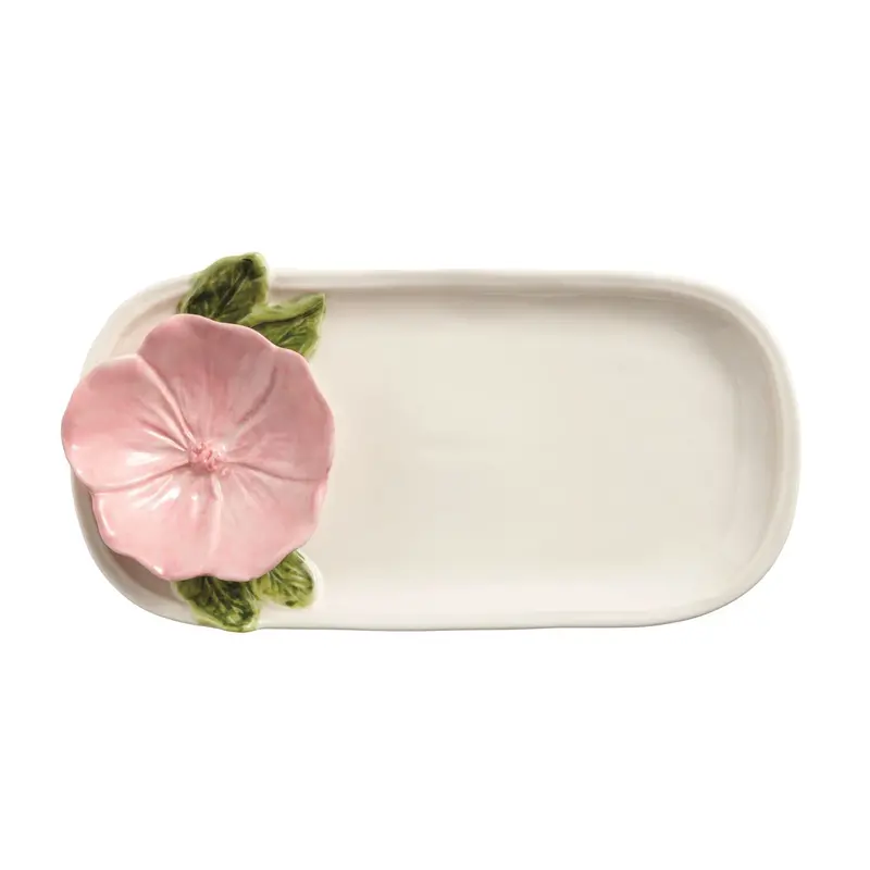 Blush Pink 3D Flower-Embossed Oblong Dinner Plate 1