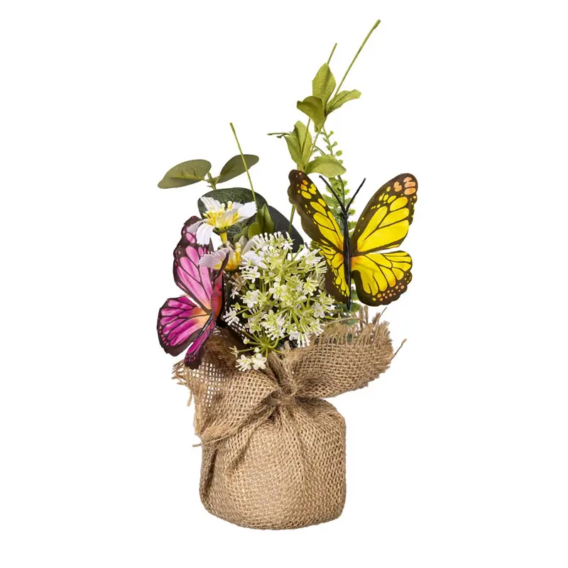 Butterfly Faux Floral Display – Burlap Pot Centerpiece, 10 Inches 1