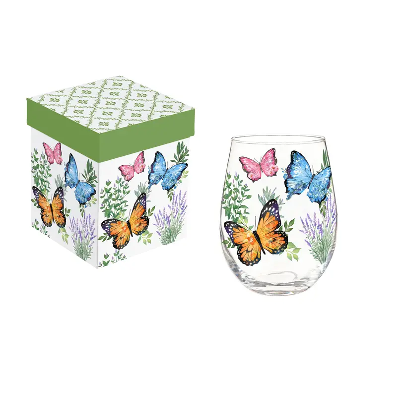 Butterfly-Themed Stemless Wine Glass: Pink, Blue & Monarch Design – 17 Oz With Gift Box 1
