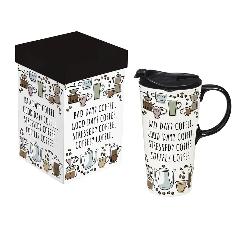 'Coffee For Any Day: Bad, Good, Or Stressed' Ceramic Mug (17 Oz) With Lid & Gift Box 1