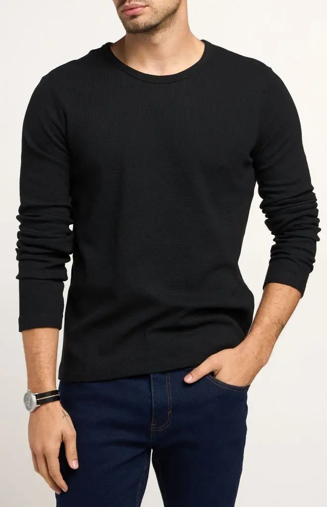 Cotton & Co. Waffle-Knit Long-Sleeve Crewneck – Textured Thermal Top 1
