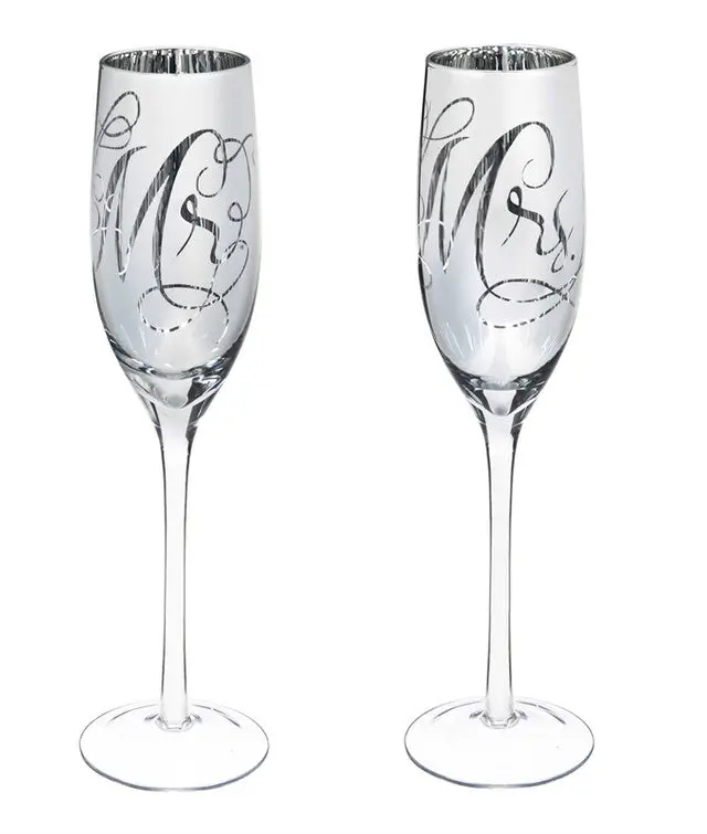 Elegant Silver Metallic Champagne Flutes – Mr. & Mrs. Set Of Two 1
