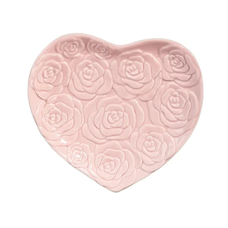 Embossed Heart-Shaped Trinket Dish Featuring Pink Roses – 6 Inch Ceramic Decor 1