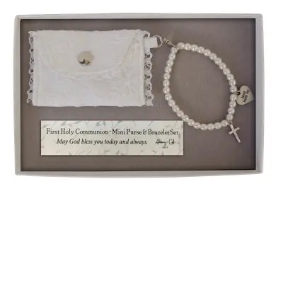 First Communion Gift Set: Mini Pearl-Embellished Purse & Bracelet Box 1