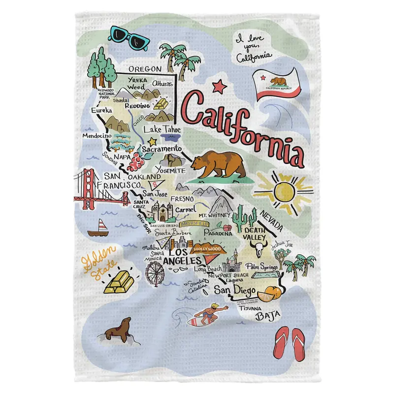Fish Kiss California Single-Map Kitchen Towel – Cotton Terry Dish Towel 1