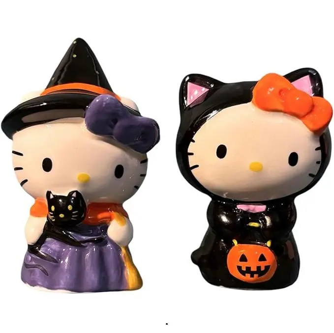 Halloween Hello Kitty & Witch Black Cat Salt And Pepper Shakers – Sanrio Duo Set (4.3") 1