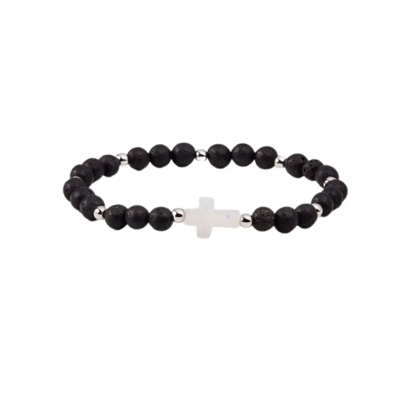 Holy Water Men'S Lava Rock Bracelet – Silver-Finished Beaded Stretch Band 1