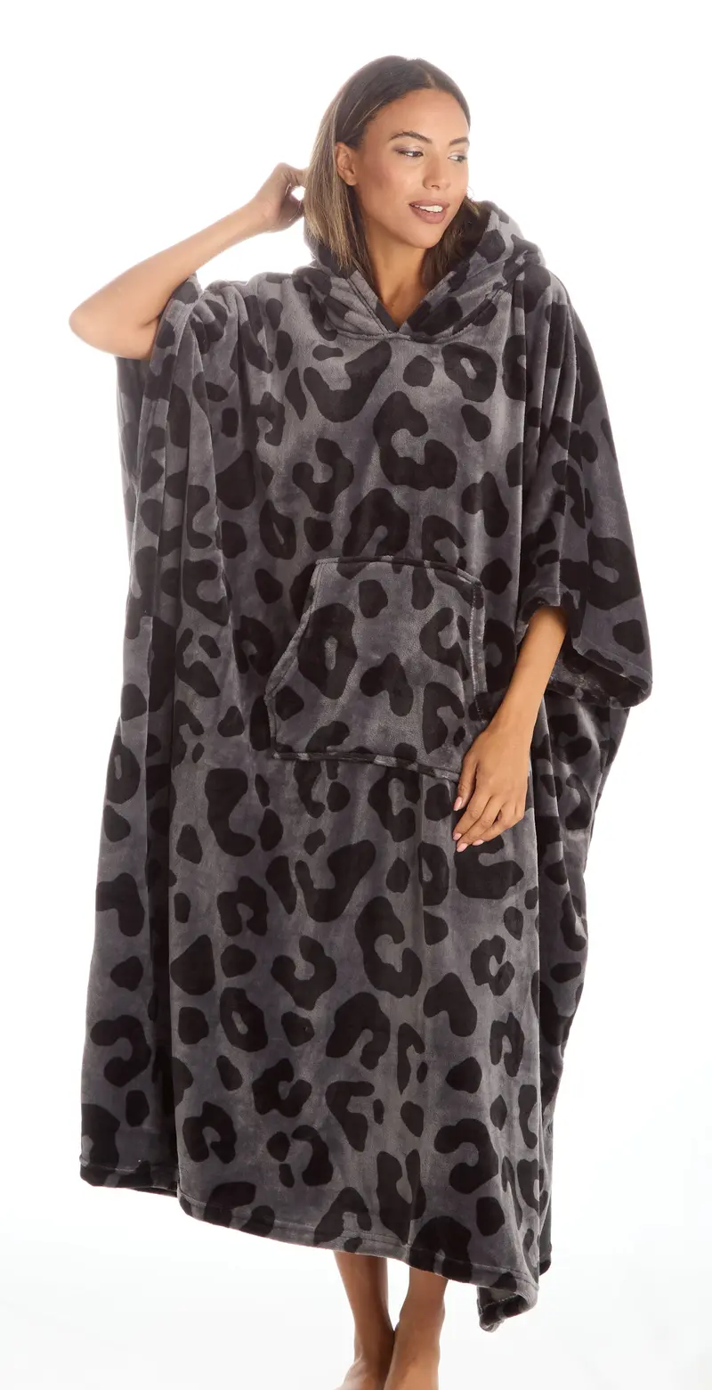 Huggable Oversized Fleece Hoodie Blanket For Women – Grey With Panther Print 1