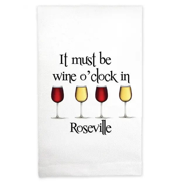 'It Must Be Wine O'Clock' Kitchen Towel In Roseville Design 1