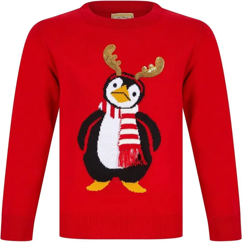Junior Antler Penguin Holiday Sweater – Festive Red 1