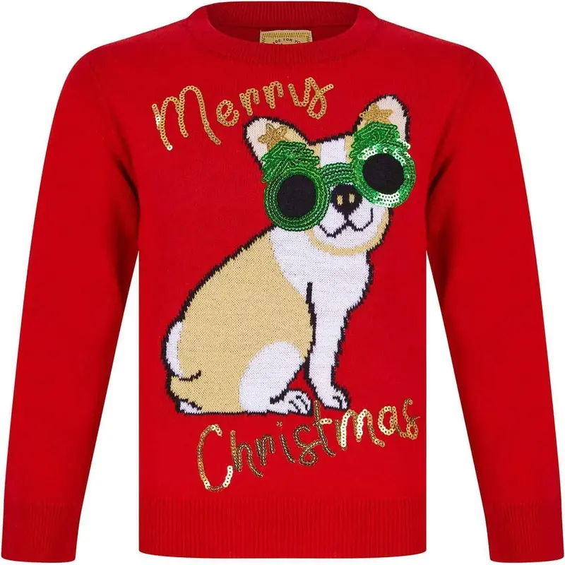Junior Dog With Christmas Glasses Knit Top – Classic Red 1