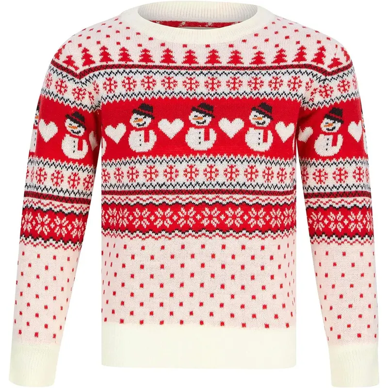 Junior Nordic Snowman Christmas Sweater – Rich Red 1