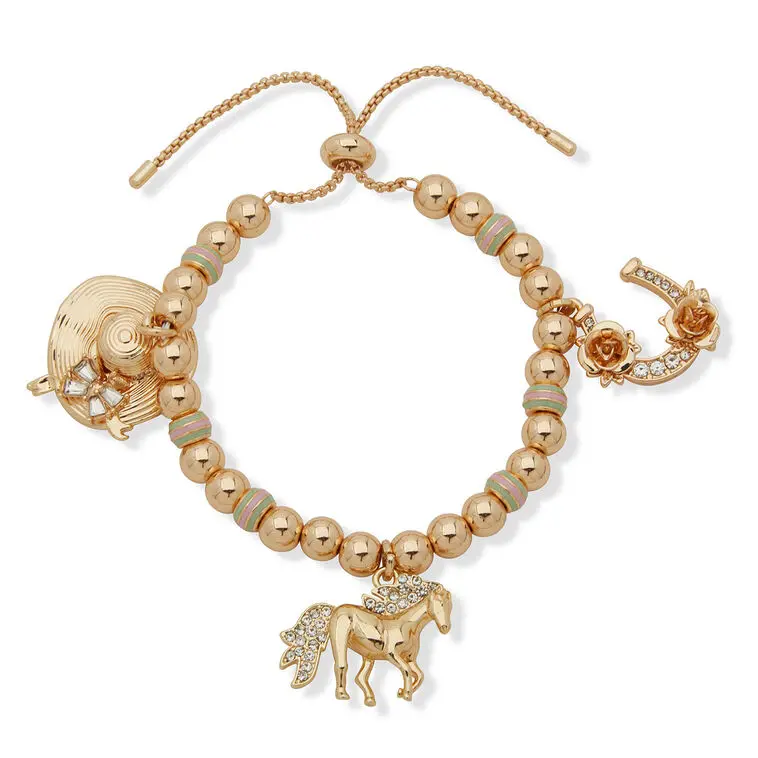 Kentucky Roses Adjustable Gold Beaded Slider Bracelet With Charms 1