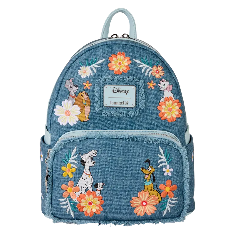 Loungefly Disney Dogs & Cats Floral Faux Denim Fringe Mini Backpack 1