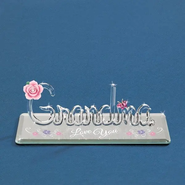 'Love You Grandma' Pink Rose & Crystal Butterfly Glass Keepsake 1