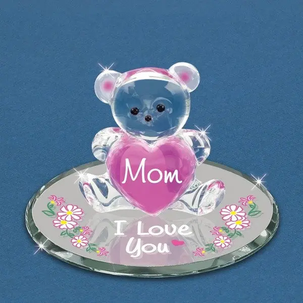 ‘Mom I Love You’ Bear Glass Figurine – Pink Heart Detail Keepsake 1
