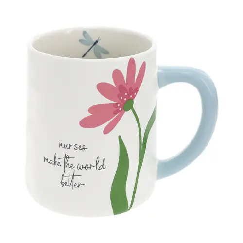 'Nurses Make The World Better' Botanical Mug – Pink Flower & Blue Dragonfly – 17 Oz 1