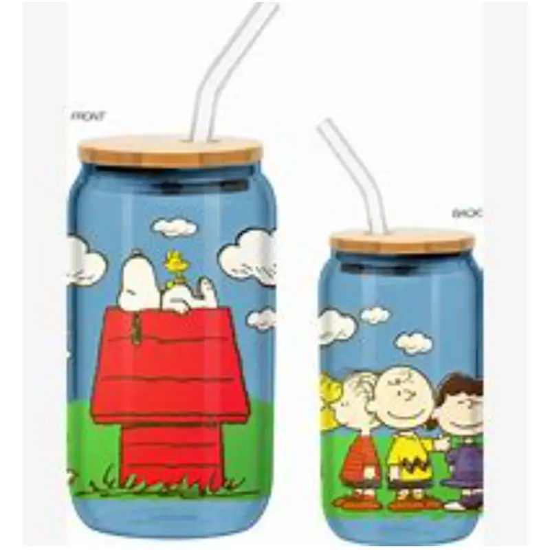 Peanuts Backyard Scene Glass Tumbler – 16 Oz With Bamboo Lid & Reusable Straw 1