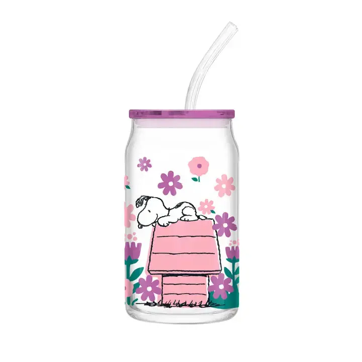 Peanuts Snoopy Floral Pink Glass Tumbler – 16 Oz With Plastic Lid & Reusable Glass Straw 1