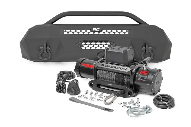 Rough Country Hybrid Front Winch Bumper With Pro9500S Synthetic Rope – Compatible With Most Full-Size Trucks 1