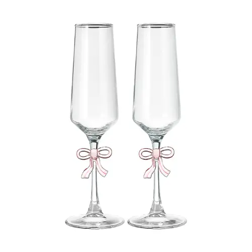 Set Of Two Elegant Champagne Flutes Adorned With Satin Pink Bows 1