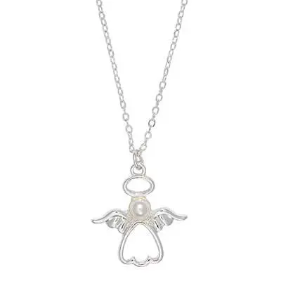 Silver Angel Necklace – Holiday Pearl Pendant With Winged Silhouette 1