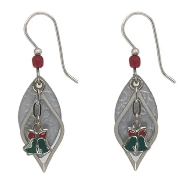Silver Forest Holiday Bell Earrings – Green & Red Enamel Bells On Silver Drop Hooks 1