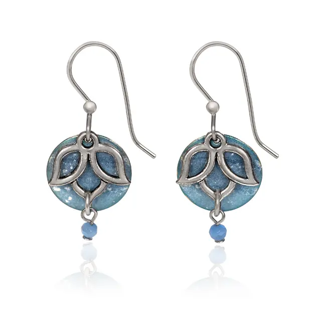 Silver Forest Lotus Flower Earrings – Open Bloom Pendant On Blue Disc Backing 1