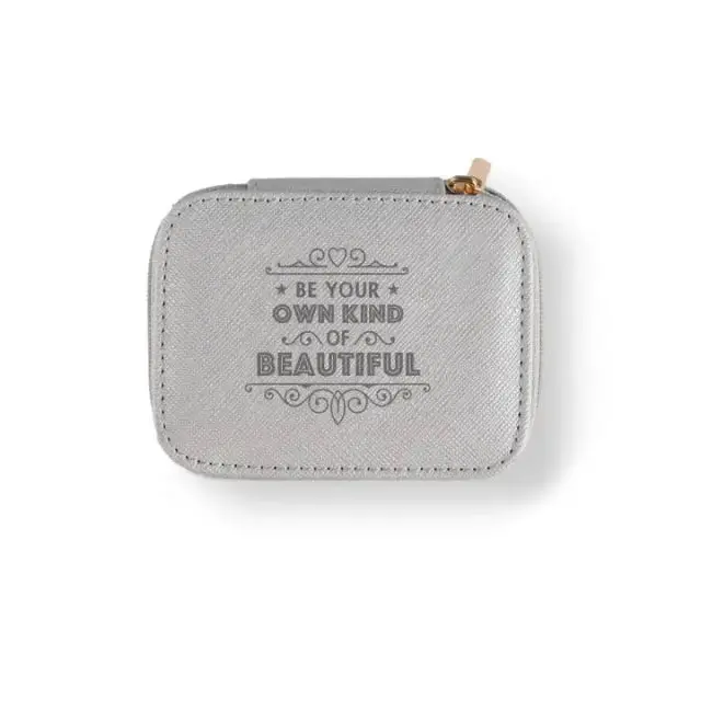 Silver Vegan Leather Travel Jewelry Box – Minimalist 'Beautiful' Embossed Accent 1