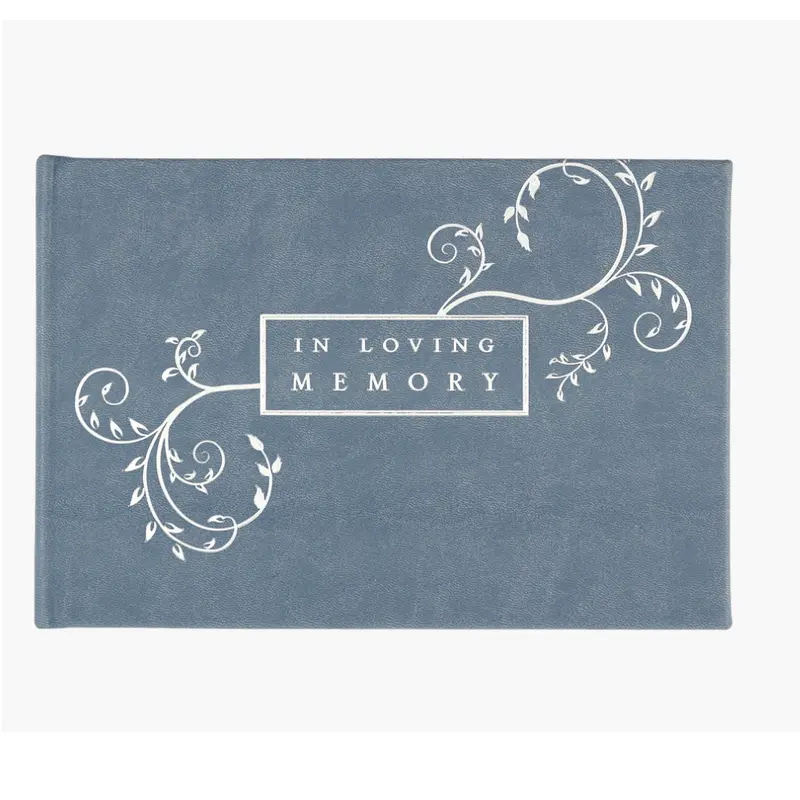 Slate Blue In Loving Memory Guest Book – Vegan Leather Cover With Silver Foil Detailing 1