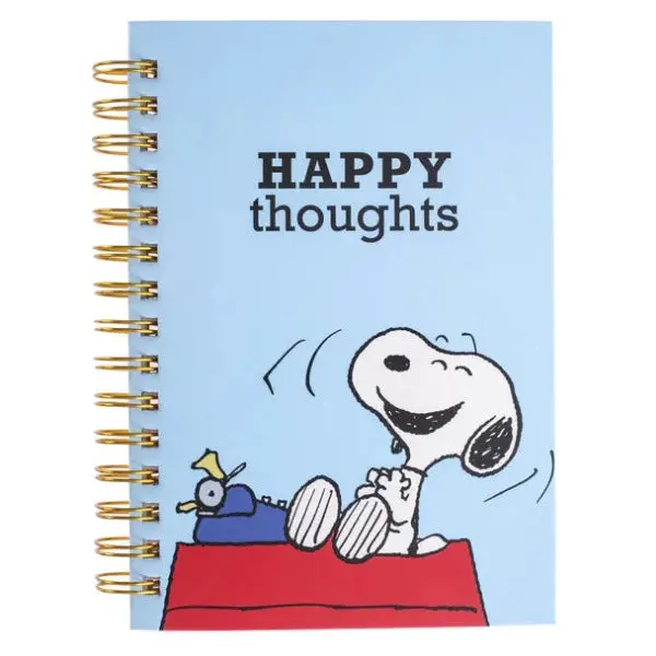 Snoopy Typewriter-Themed Spiral-Bound Hard Cover Journal – Happy Thoughts Design 1