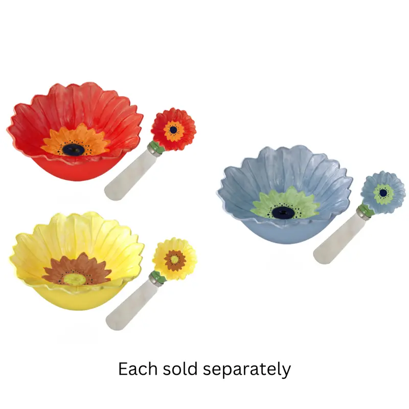 Sunflower Garden Ceramic Dip Bowl Set – 4.75" With Spreader, Available In Red, Yellow, Or Blue 1