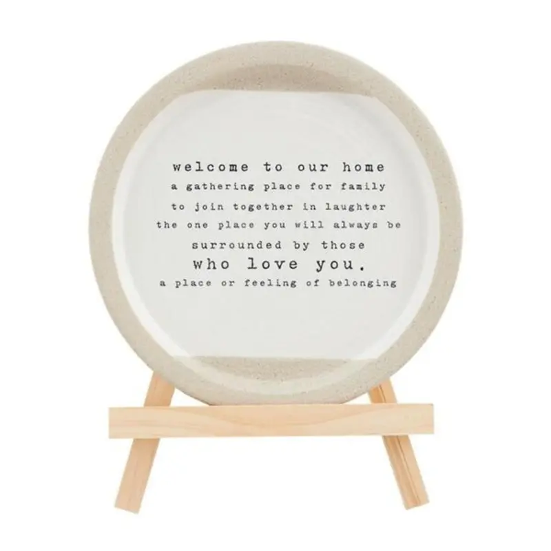 'Welcome To Our Home' Sentiment Stoneware Display Plate With Wooden Easel Stand 1